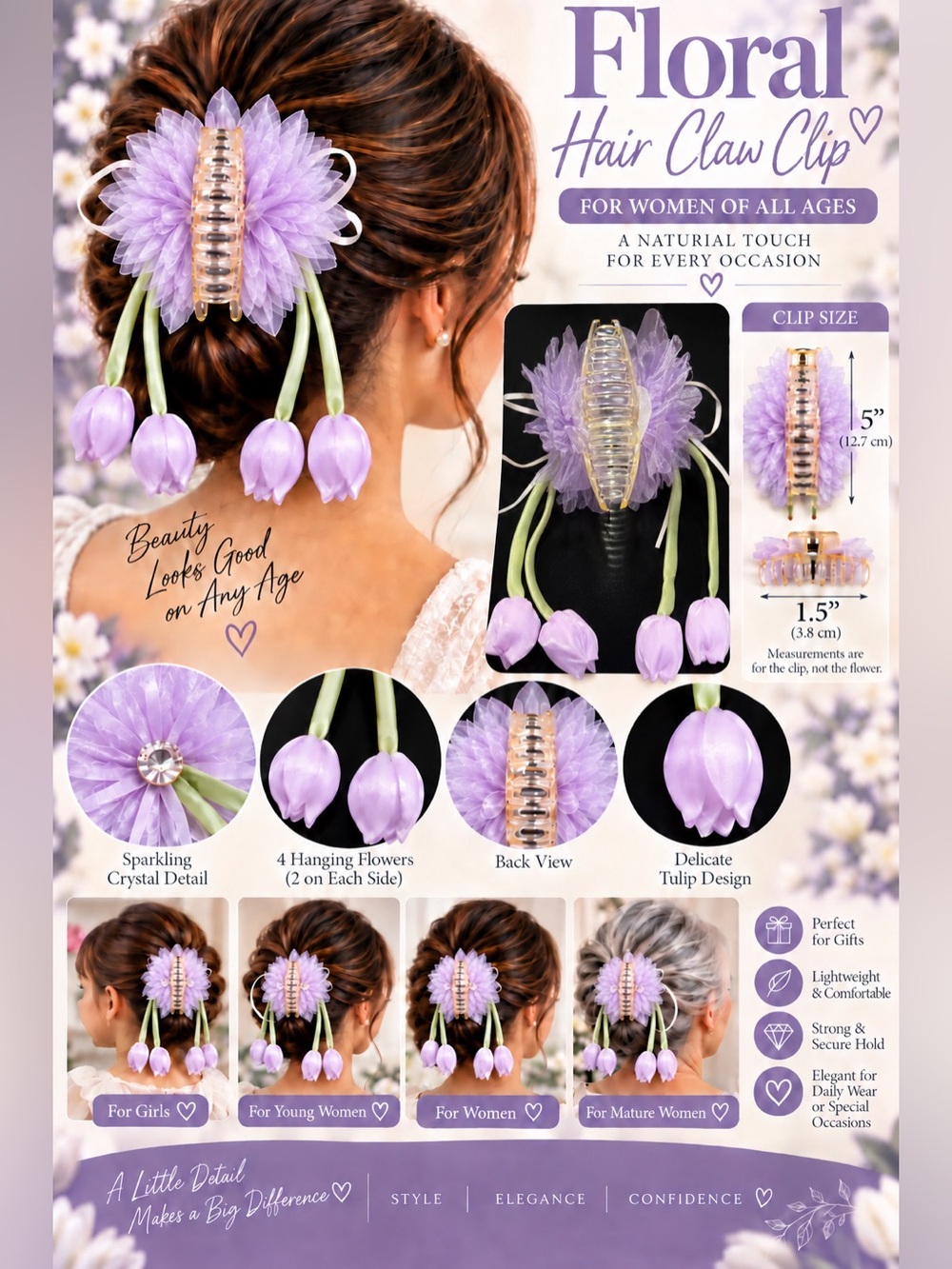 Women’s Floral Hair Claw Clip Ivory Lavender Flower 4 Hanging Tulips Elegant